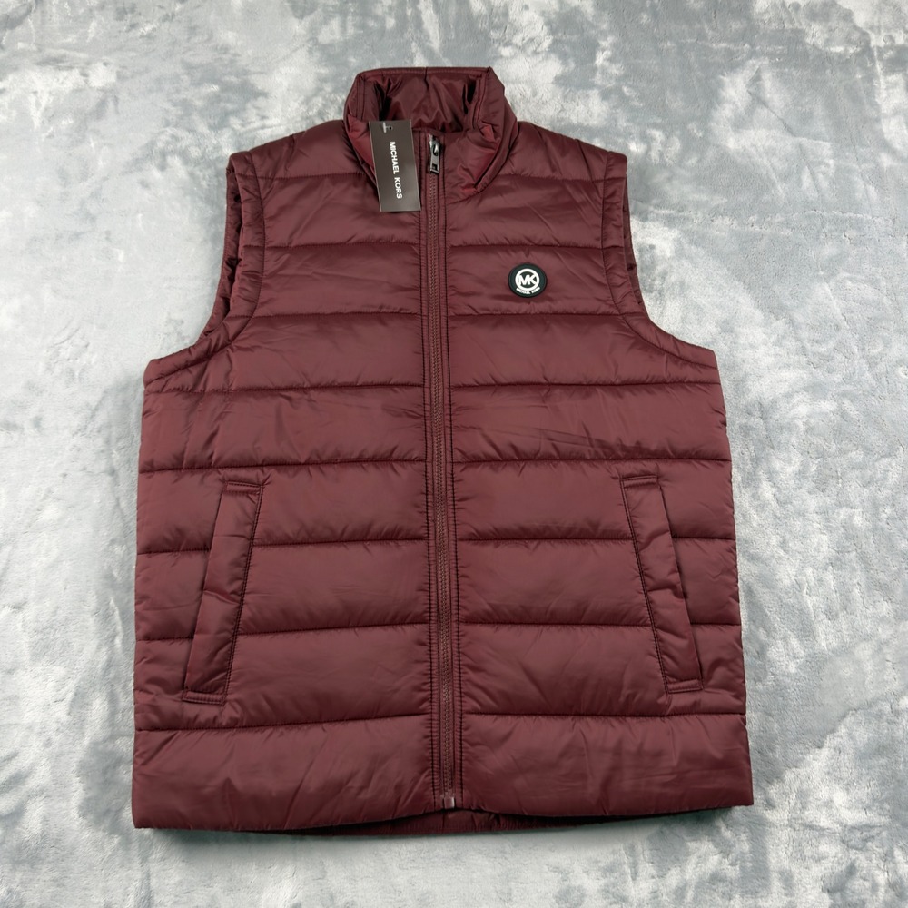 Michael Kors Mens Puffer Vest Merlot Burgundy Quilted Zip Up KF32011BUQ Size S